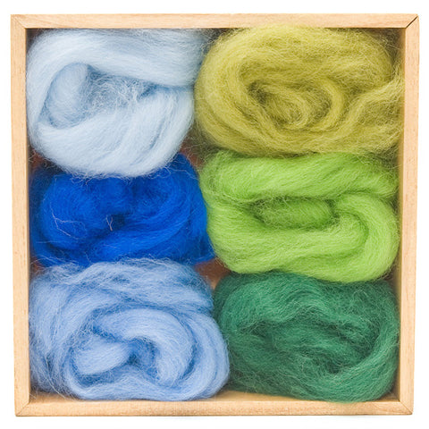 Wool roving six blue and green colors